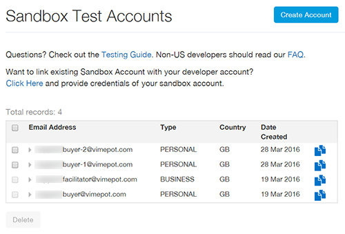 Integrate PayPal: Sandbox test Accounts